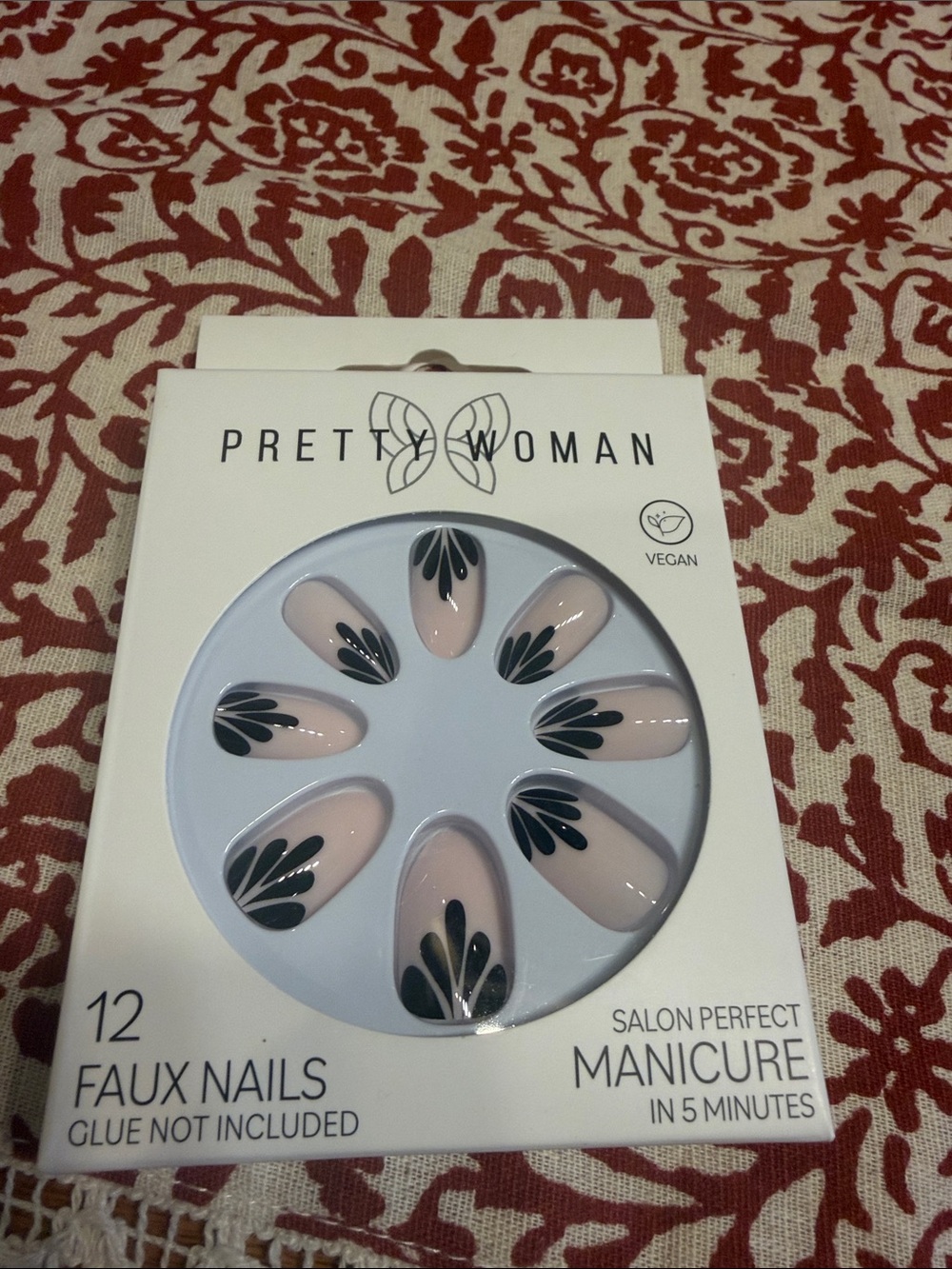 Nude Pink Press-On Nails with Black Floral Accent